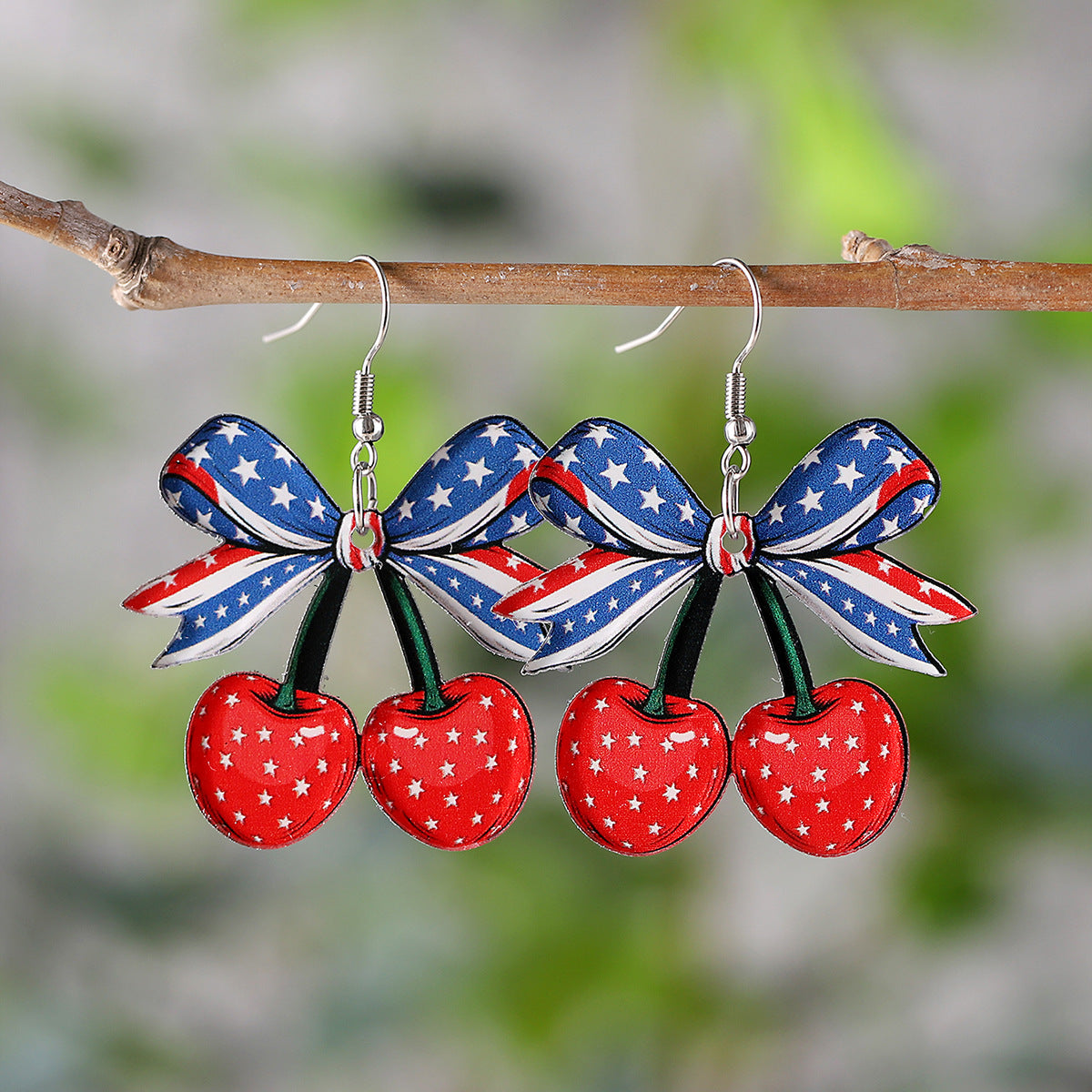 Wholesale New Independence Day Red White Blue Bow Cherry American Flag Pendant Earrings Acrylic Earrings