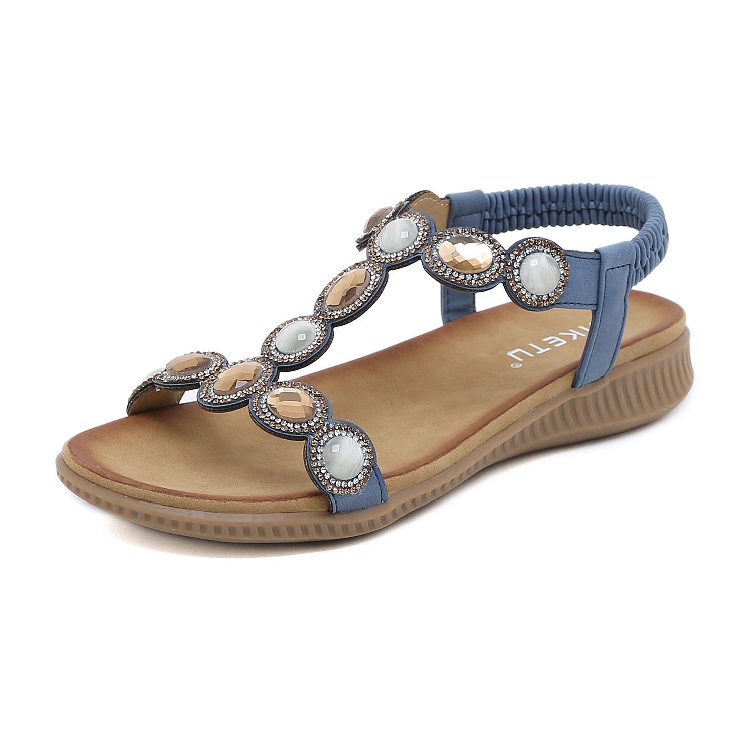 Wholesale Women's Rhinestone Round Toe Flat Bottomed PU Sandals