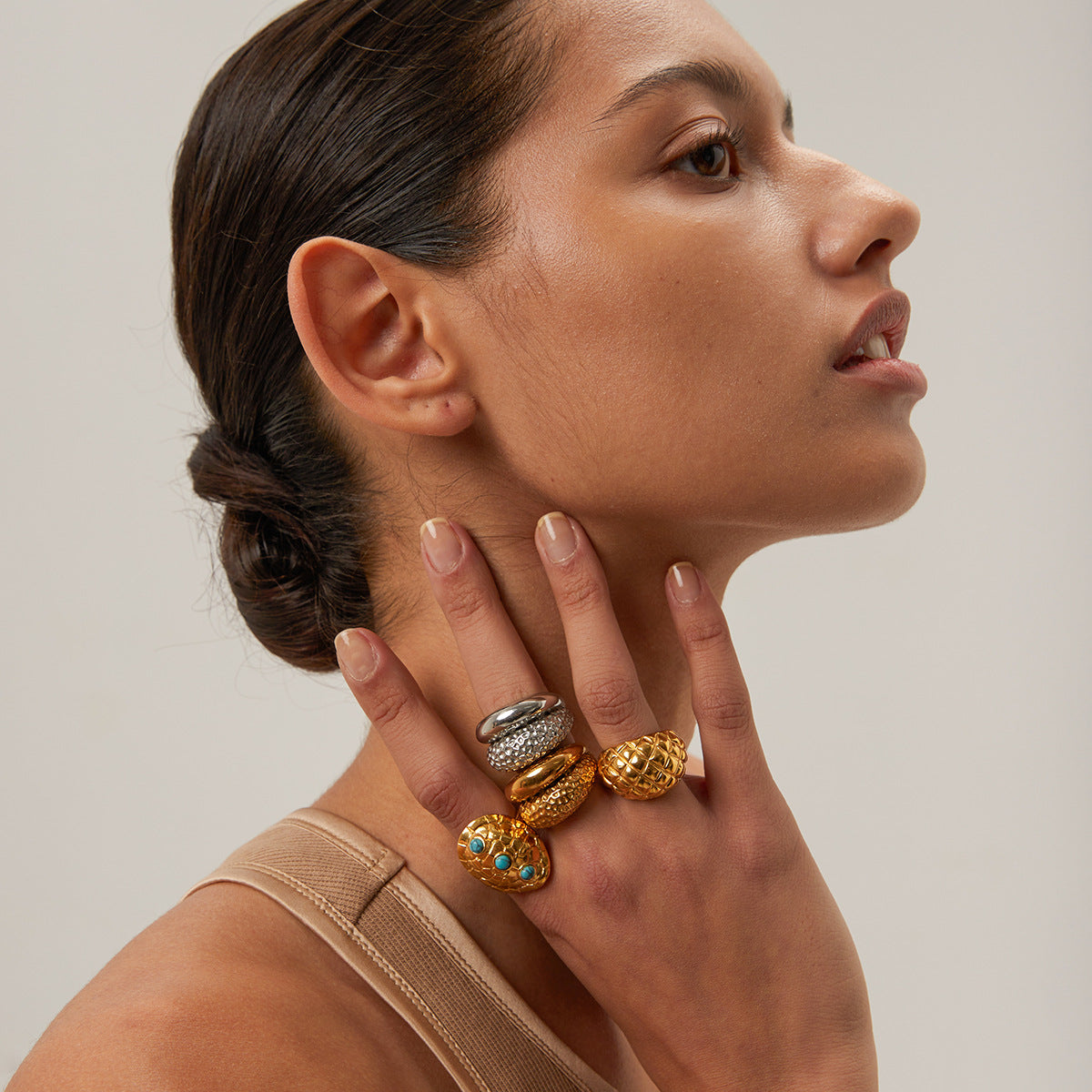 Wholesale Stainless Steel 18k Gold Plated Double Layer Hammered Glossy Stainless Steel Ring