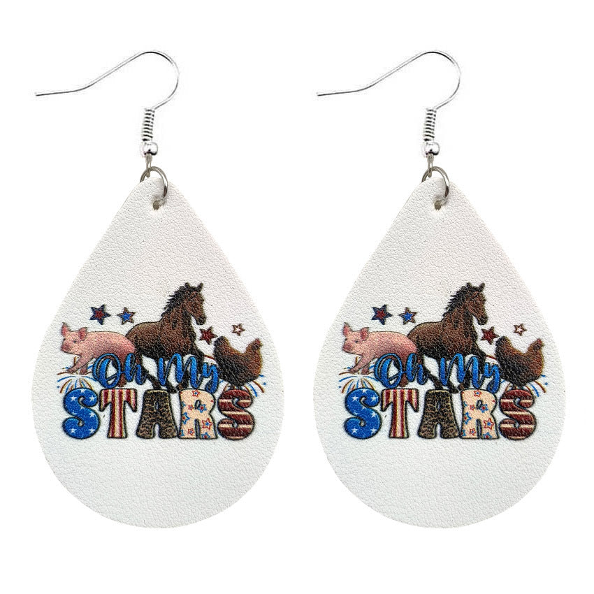 Wholesale Independence Day Western Style Boots Hat Cat Horse Pig PU Leather Drop Shape Earrings