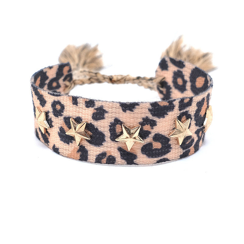 Wholesale Polyester Cord Weaving Leopard Print Love Letter Embroidery Tassel Bracelet
