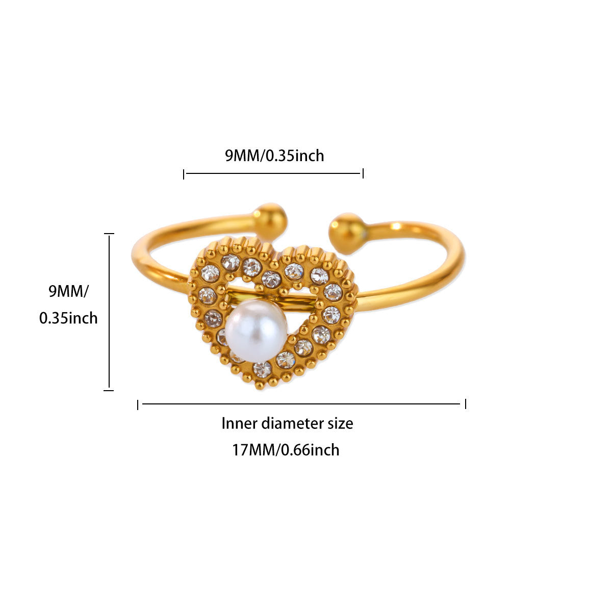 Wholesale Luxury Zircon Pearl Heart-Shaped Adjustable Opening Ring