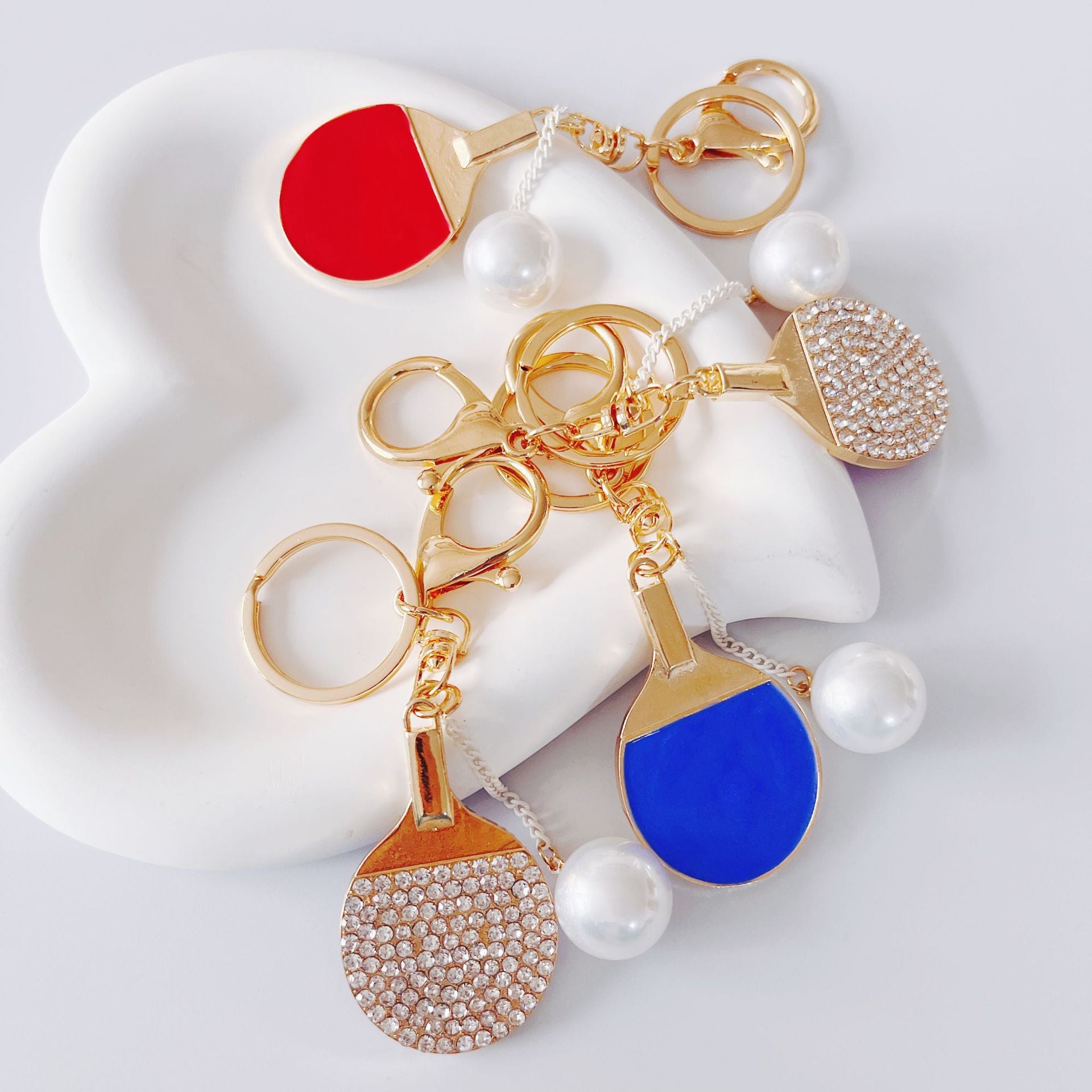Wholesale Rhinestone Dripping Table Tennis Metal Keychain