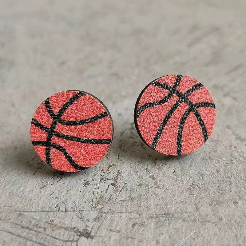 Wholesale Event Sports Accessories Heart Shaped Ball Wooden Earrings