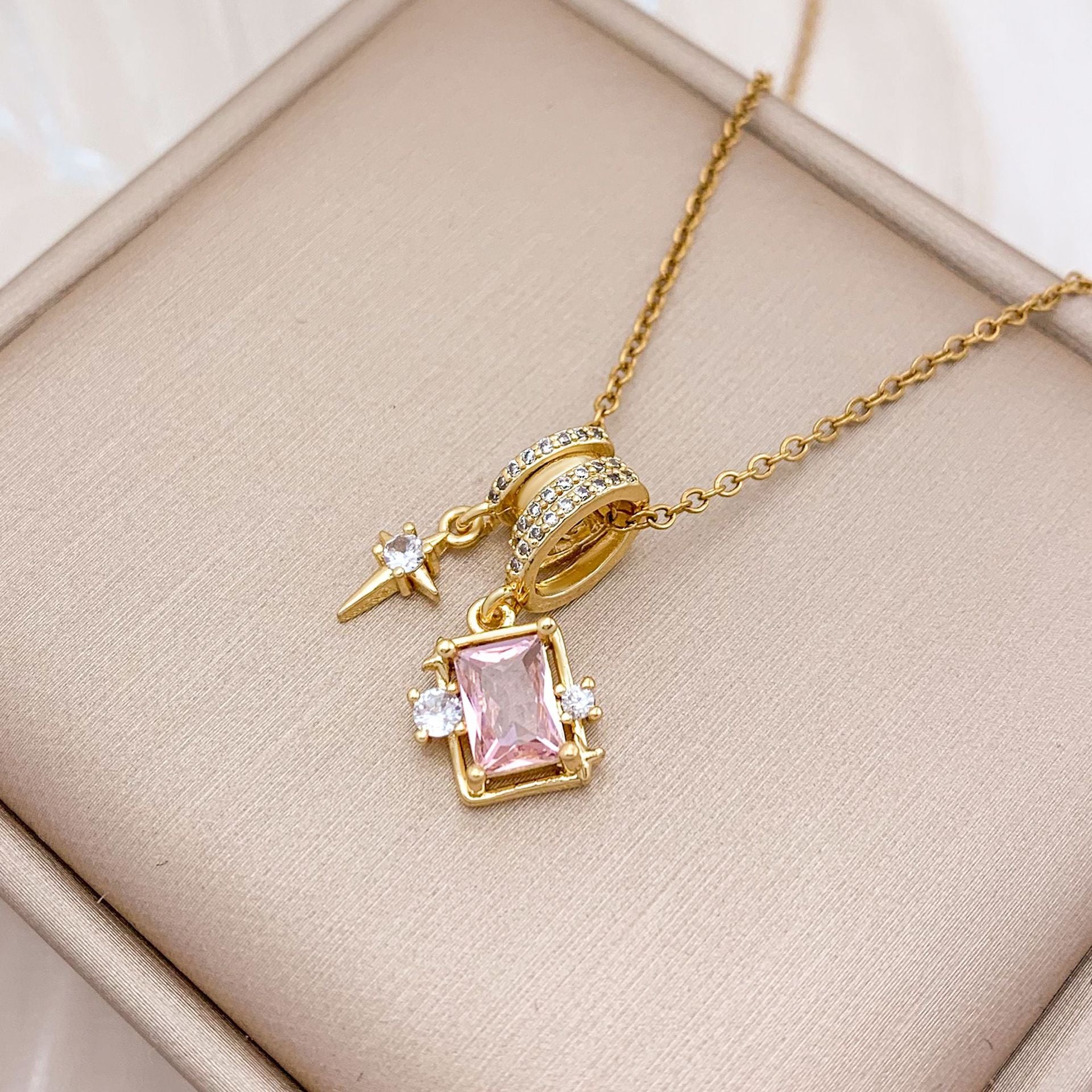Wholesale Square Ice Cream Color Titanium Steel Necklace Luxury Micro-Paved Zircon Temperament  Accessory