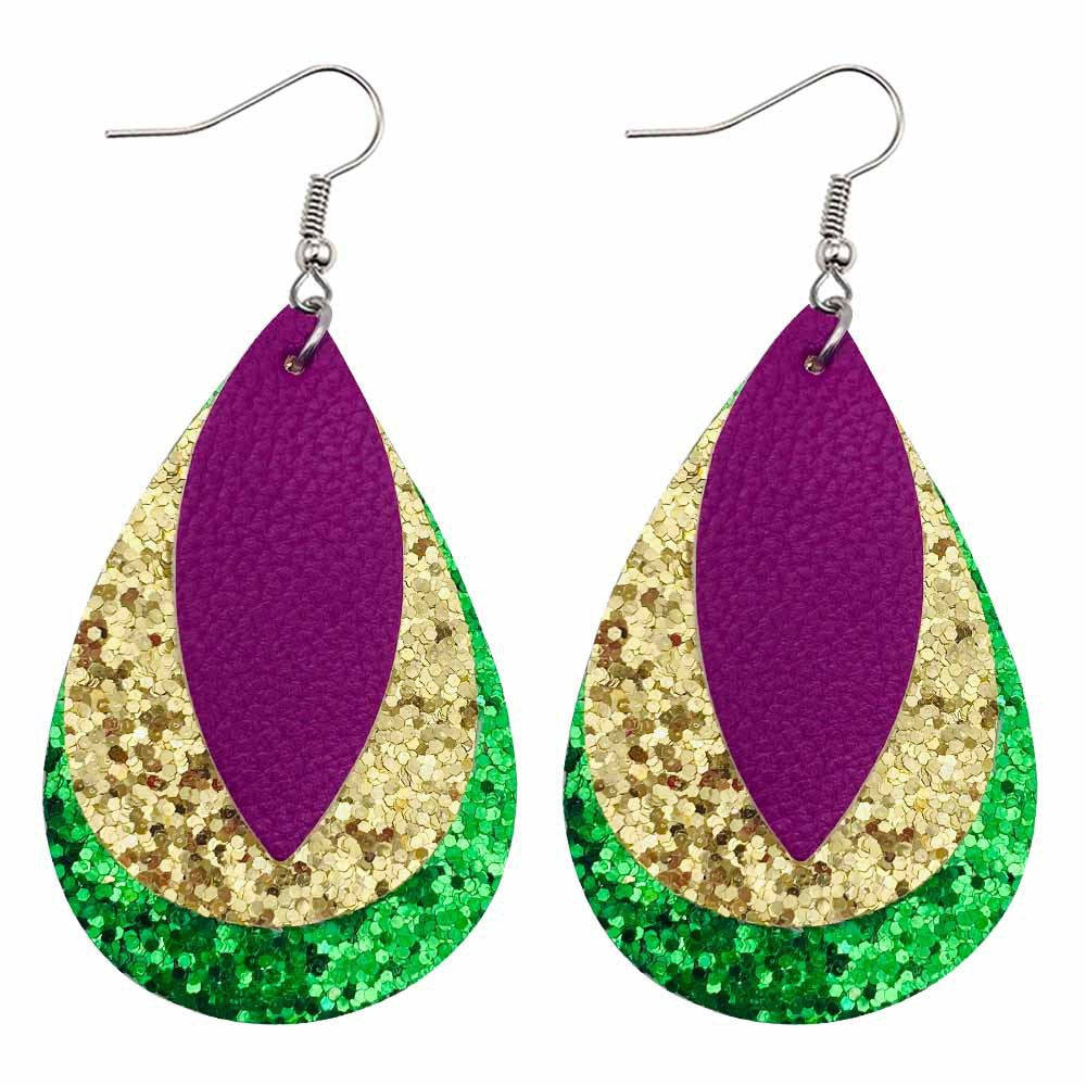 Wholesale Carnival Triple Leather Shiny Leaf Shape Bohemian Carnival Earrings