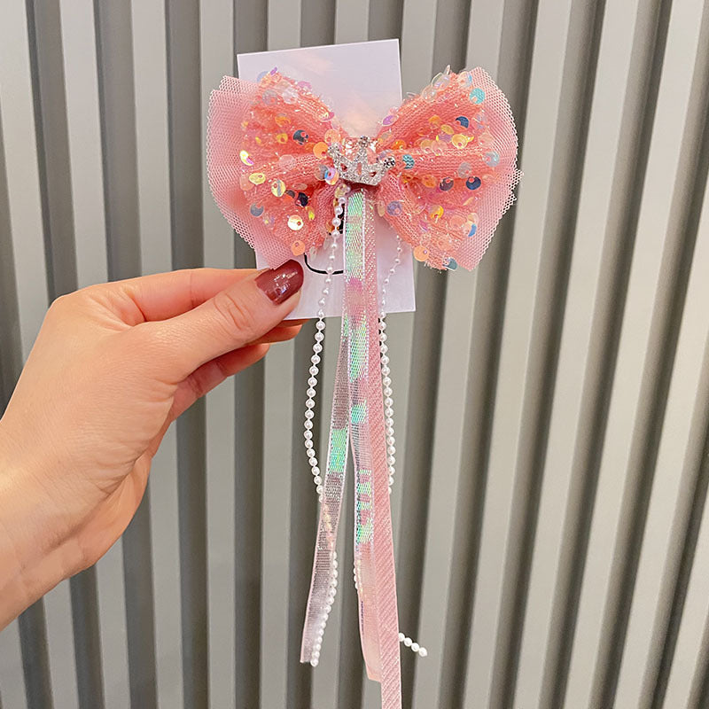 Wholesale Princess Sweet Ribbon Sequin Bow Top Clip Crown Children's Hair Accessories