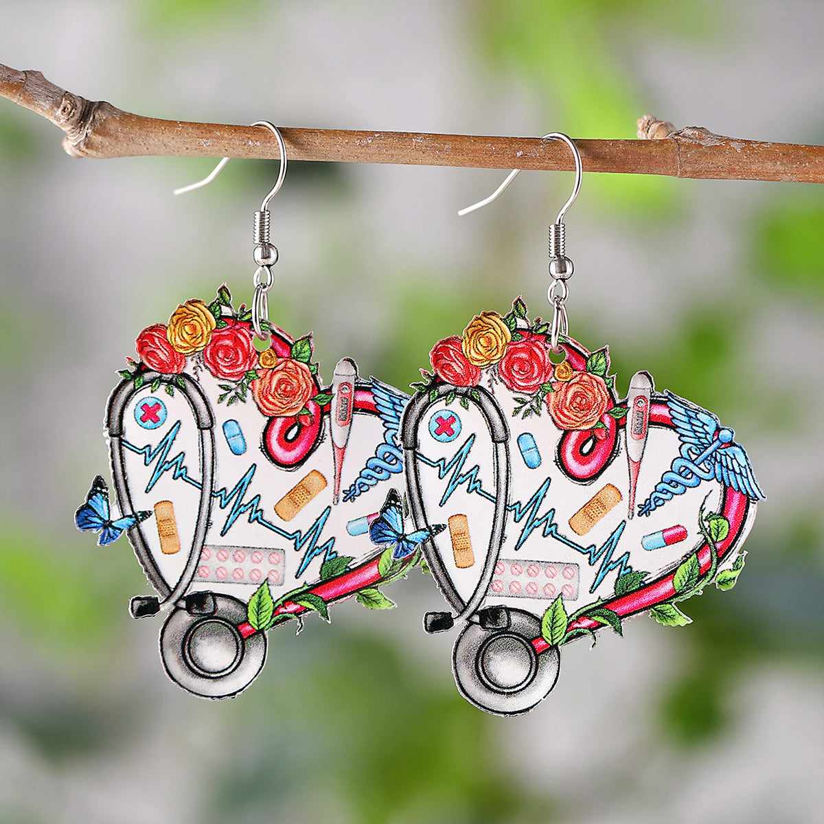 Wholesale Stethoscope Cow Print Heart Flower Pendant Earrings