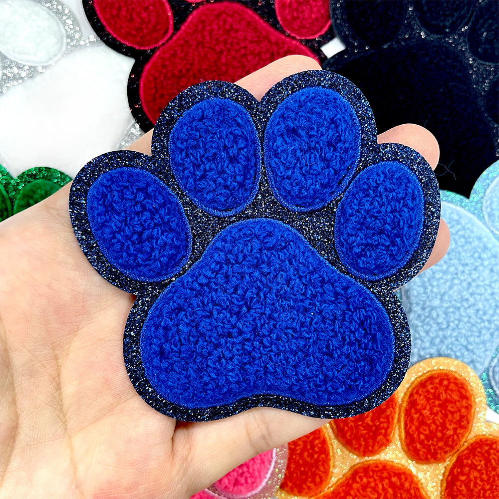 Wholesale Dog Paw Glitter Chenille Embroidered Patch Heat Activated DIY Applique For Shoes Hats And Pet Decor