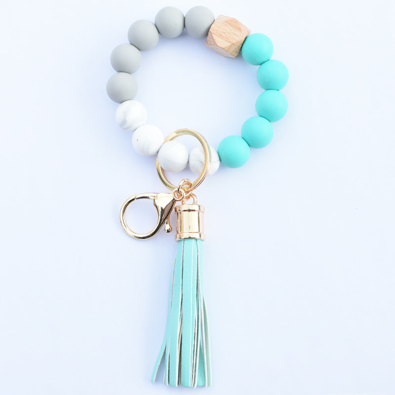 Wholesale Food Grade Silicone Beads Leather Tassel Wood Beads Bracelet Keychain