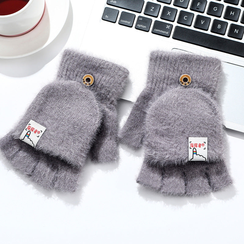 Wholesale Plush Autumn and Winter Half Finger Flip Warm Knitted Wool Gloves