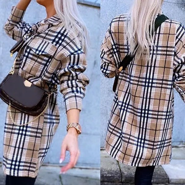 Wholesale Long Sleeved Plaid Loose Woolen Long Jacket Tops