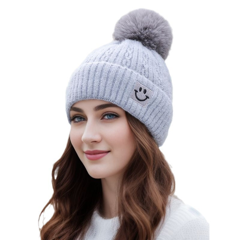 Wholesale Autumn/Winter Cute Versatile Plush Thickened Wool Ball Knitted Warm Ear Protector Hairline Hat