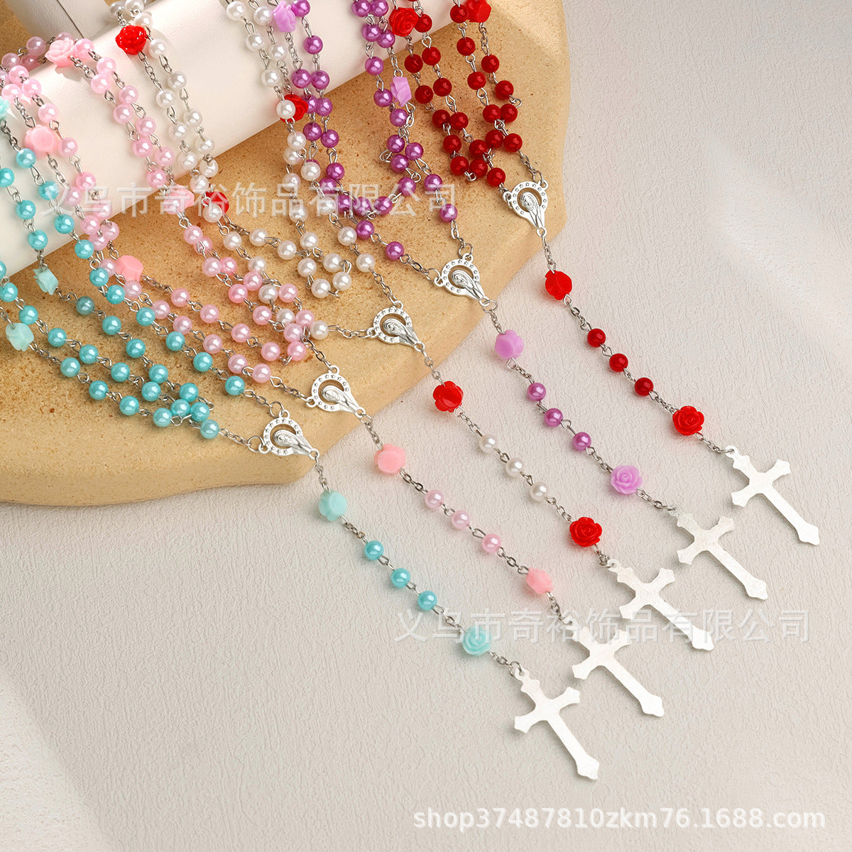 Wholesale 6mm8mm imitation pearl and resin rose cross necklace