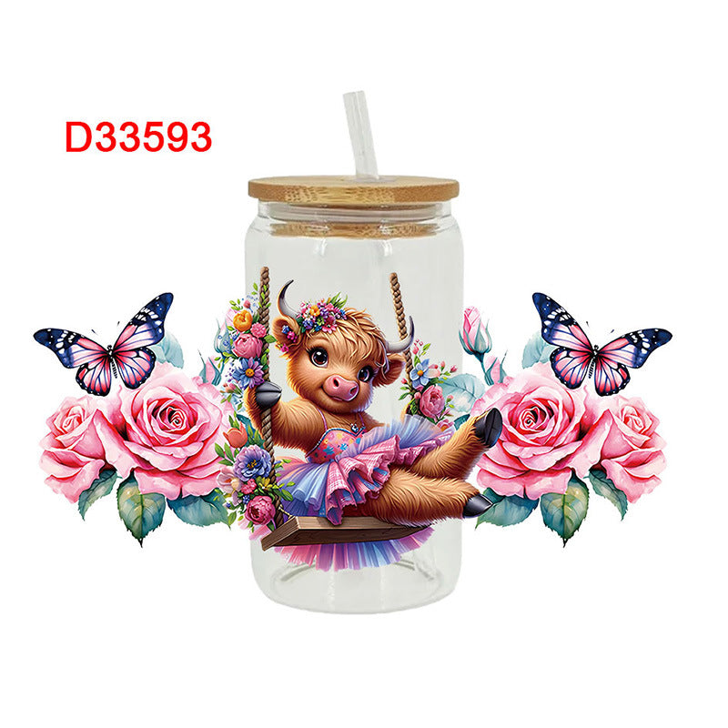 Wholesale Western style flowers butterflies calves 16oz Cup UV DTF Wraps