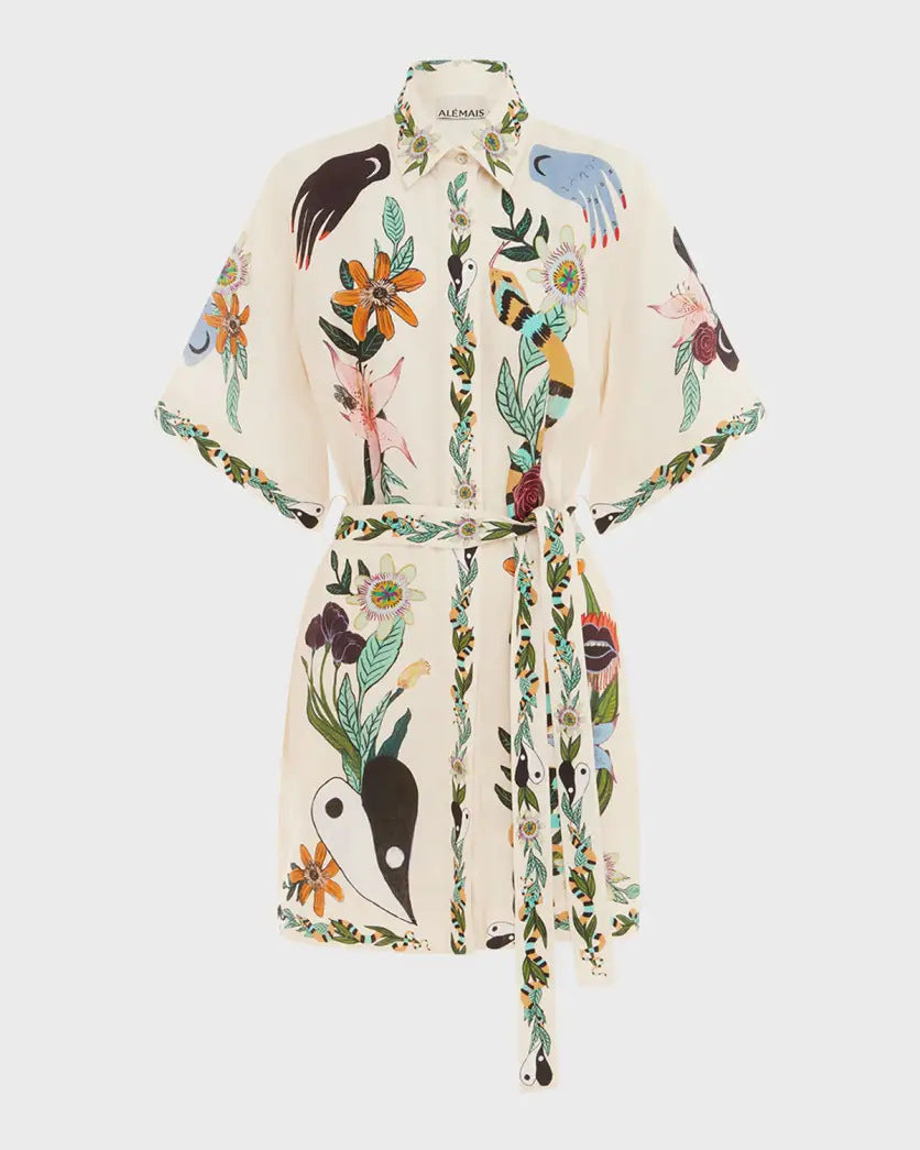 Wholesale Cotton Linen Flower Printing Lace Up Women Clothes