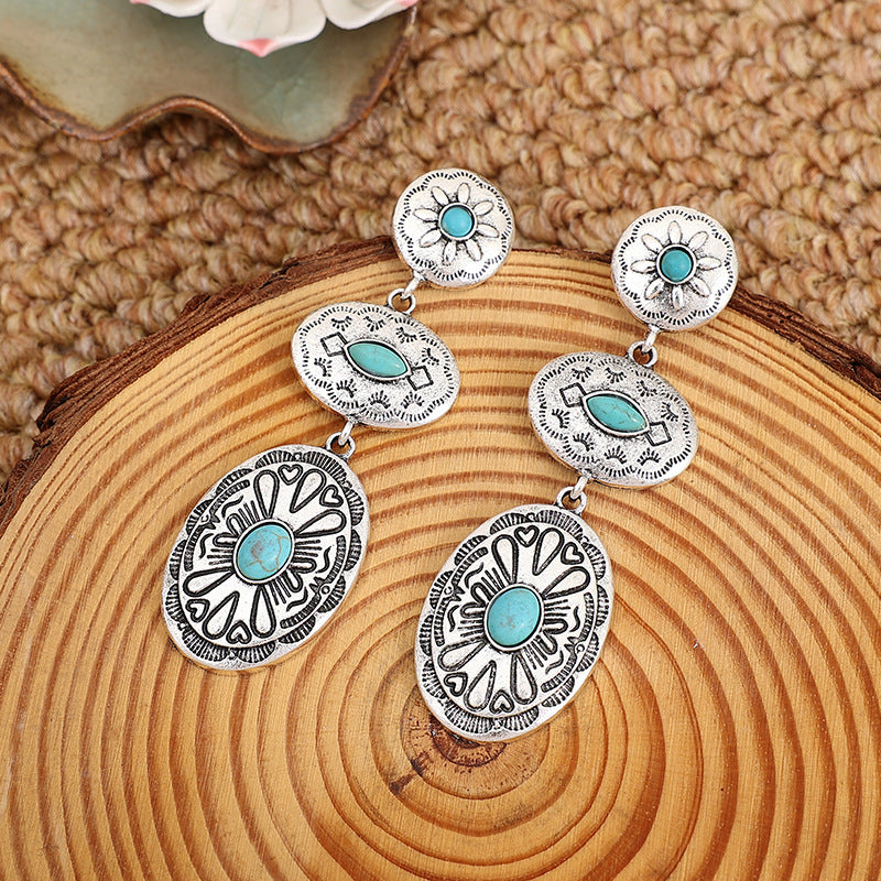 Wholesale retro Western wind turquoise oval earrings personality exaggerated earrings