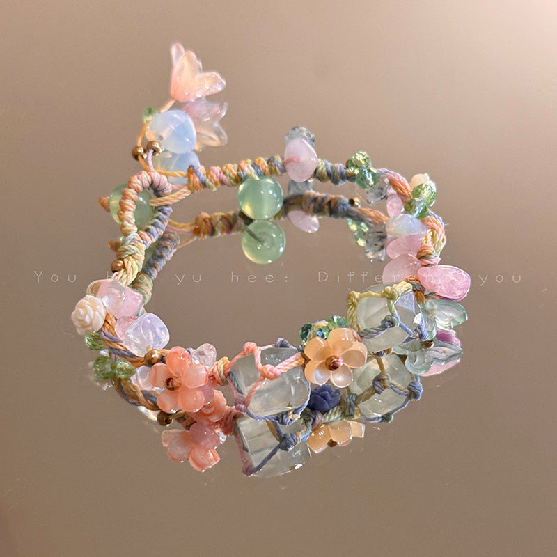 Wholesale New Chinese forest style hand-woven colorful flower bracelet irregular natural stone bracelet