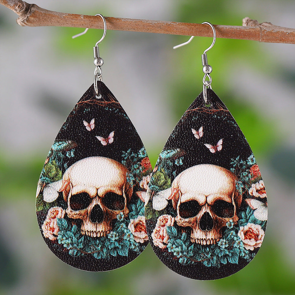Wholesale Leaves Flower Butterfly Skull Earrings Double Sided PU Leather Water Drop Earrings