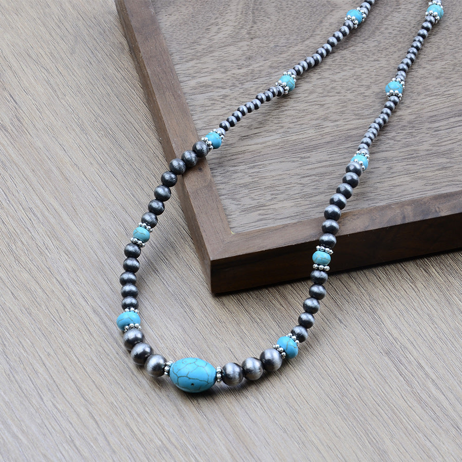 Wholesale Boho Turquoise Necklace Earrings Set Geometric Antique Silver Beaded Jewelry Trendy Fashion Accessory For Gift Resale