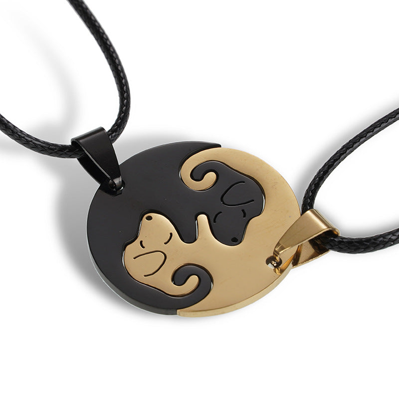 Wholesale A variety of stainless steel black and white cat pendant lovers necklace creative hug shape stitching Valentine's Day