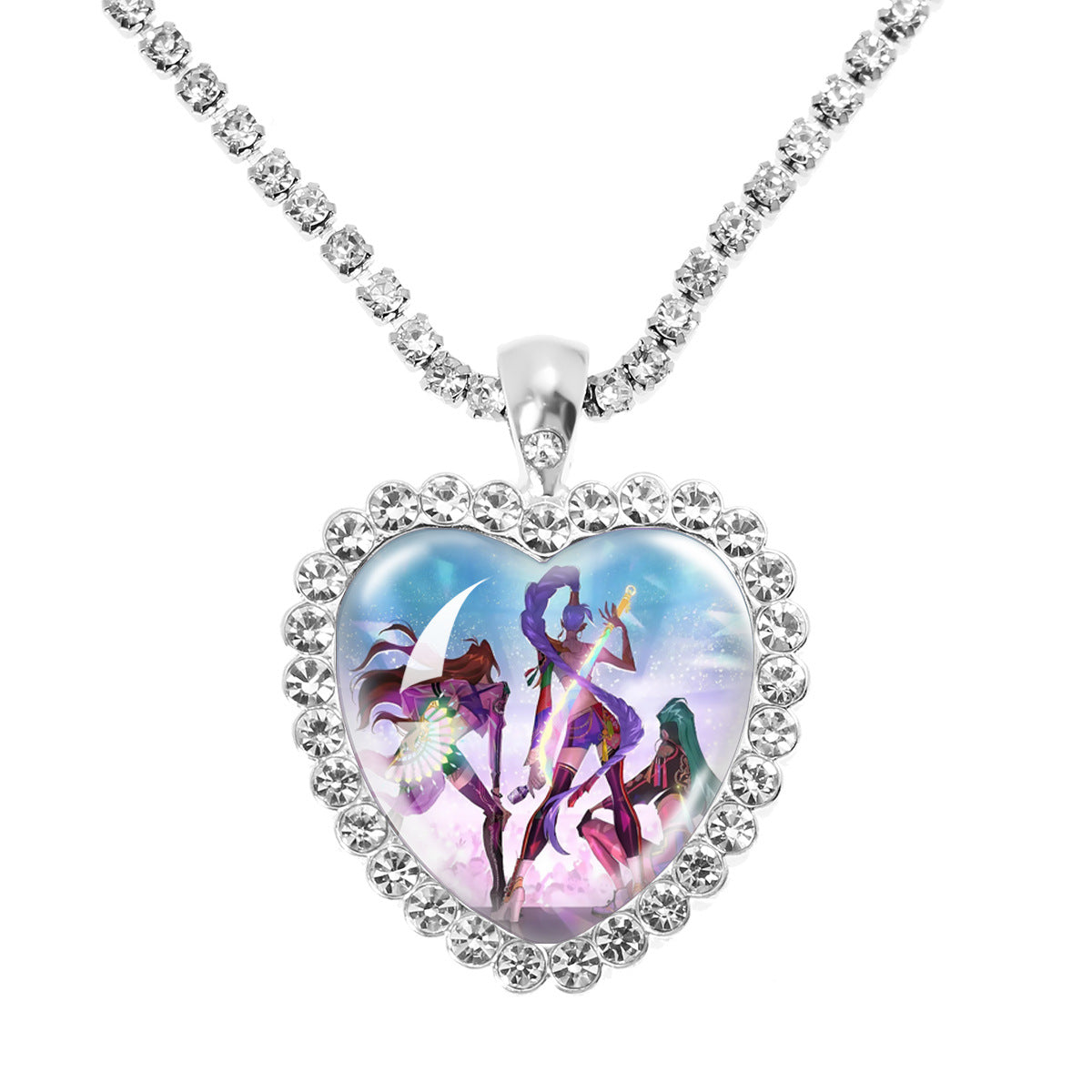 Wholesale Purple Cartoon Girl Time Gem Peach Heart Water Diamond Necklace OLY Exclusive