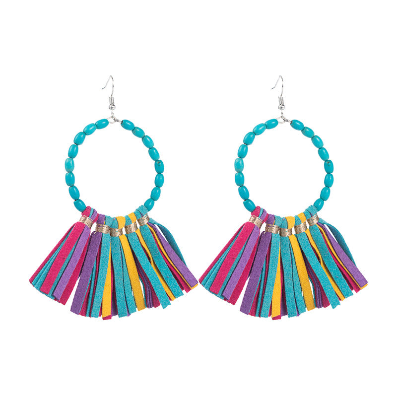 Wholesale Exaggerated Large Round Turquoise Handmade Leather Tassel Earrings
