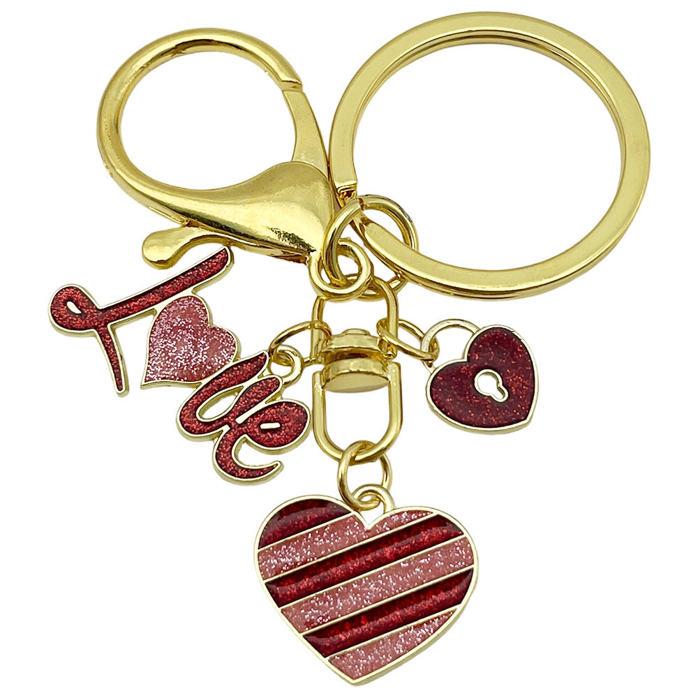 Wholesale Valentine' s Day Oil Dripping Red Sprinkled Gold Love Heart Keychain