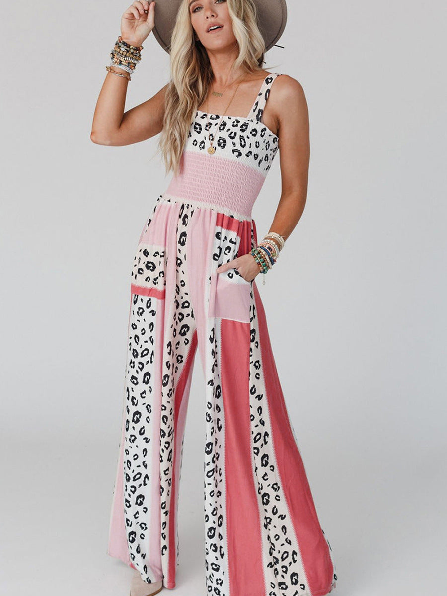 Wholesale Pink Leopard Mixed Color Print Jumpsuit