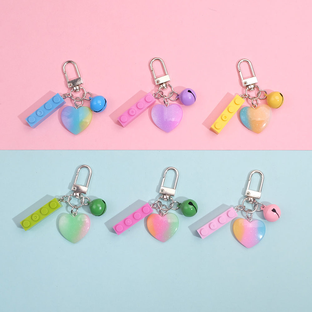 Wholesale 10PCS Resin Building Blocks Candy Color Tricolor Heart Bell Pendant Keychain