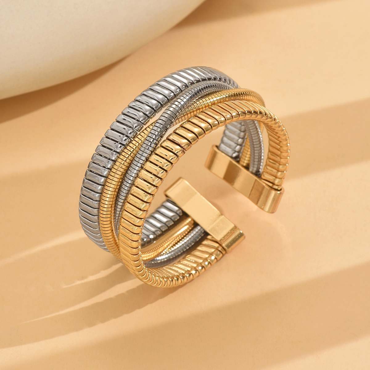 Wholesale Metal Punk Style Elastic Bracelet Vertical Stripes Ring Bracelet Hip-Hop Spiral