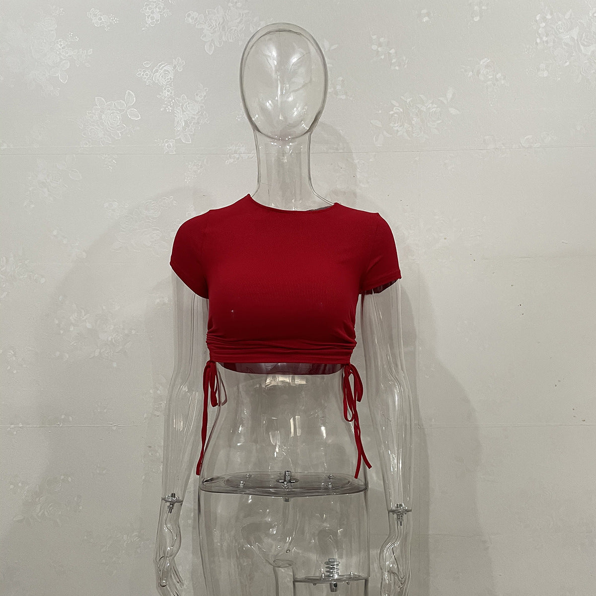 Wholesale Fashion Sexy Navel Stripe Short Drawstring Round Neck Short Sleeve