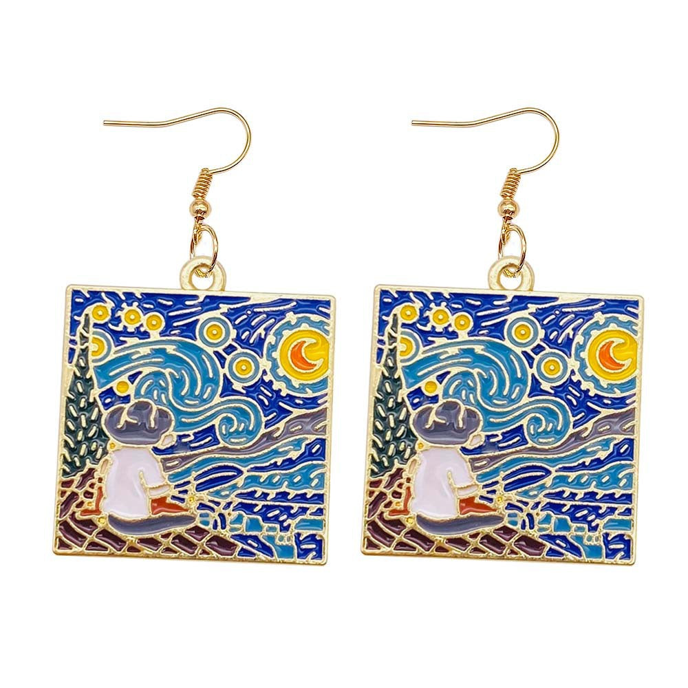Wholesale Oil painting Starry Night Sunflower Butterfly Ocean Pattern Earrings