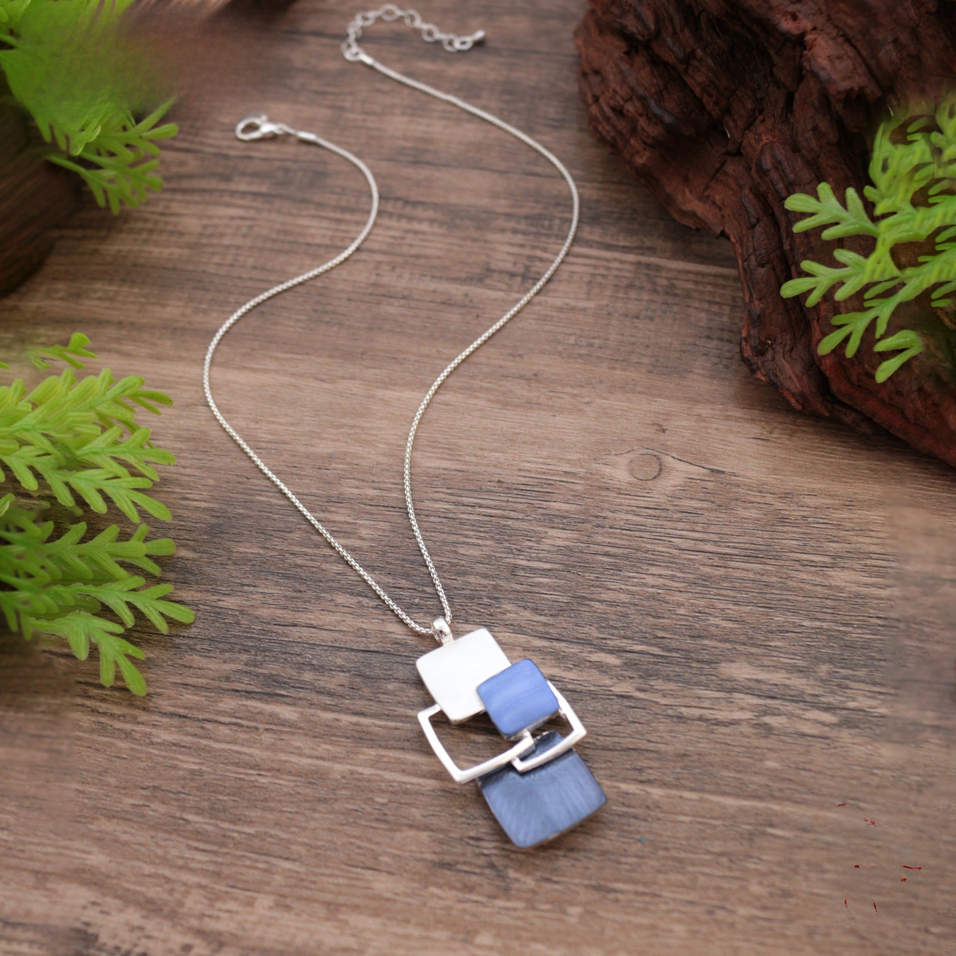 Wholesale Geometric Blue Hollow Square Pendant Necklace