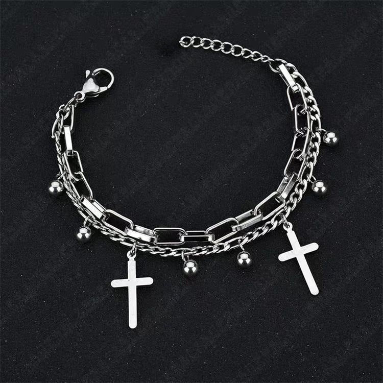 Wholesale Vintage Metal Double Cross Pendant Hip Hop Multi-layer Bracelet