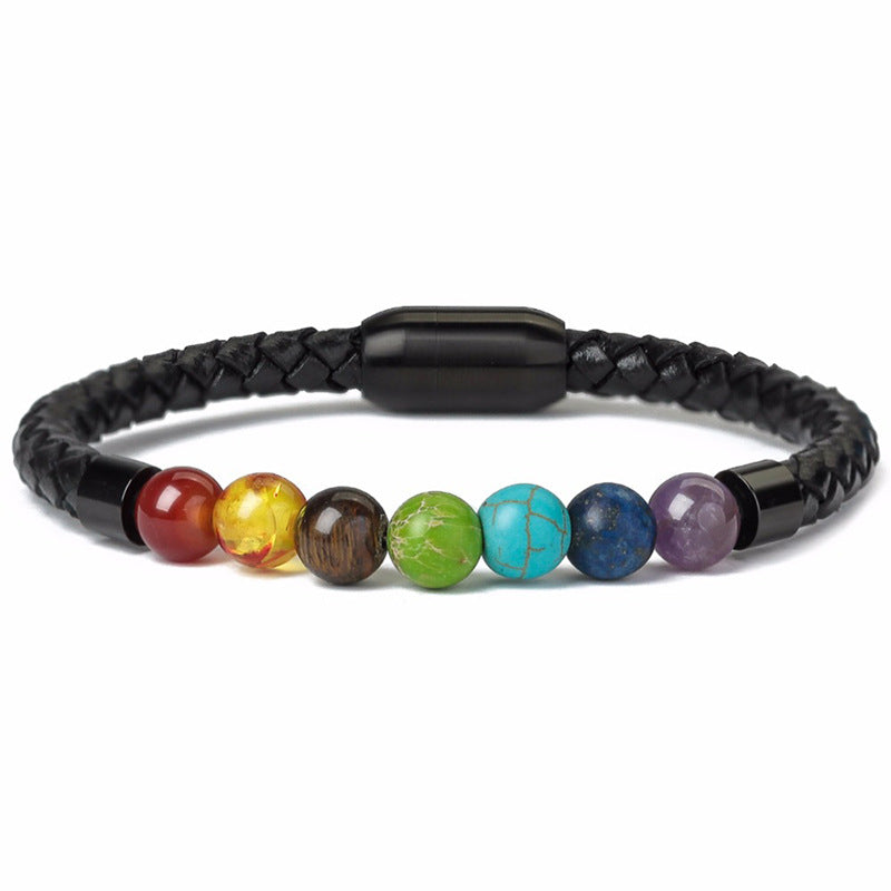 Wholesale 8mm Color Tiger Eye Stone Beaded Stainless Steel Magnetic Buckle Leather Cord Bracelet