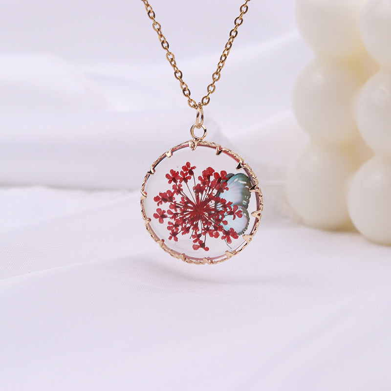 Wholesale Butterfly Small Fresh Necklace Creative Gold and Silver Dried Flower Glass Pendant Bohemian Retro Fashion Jewelry