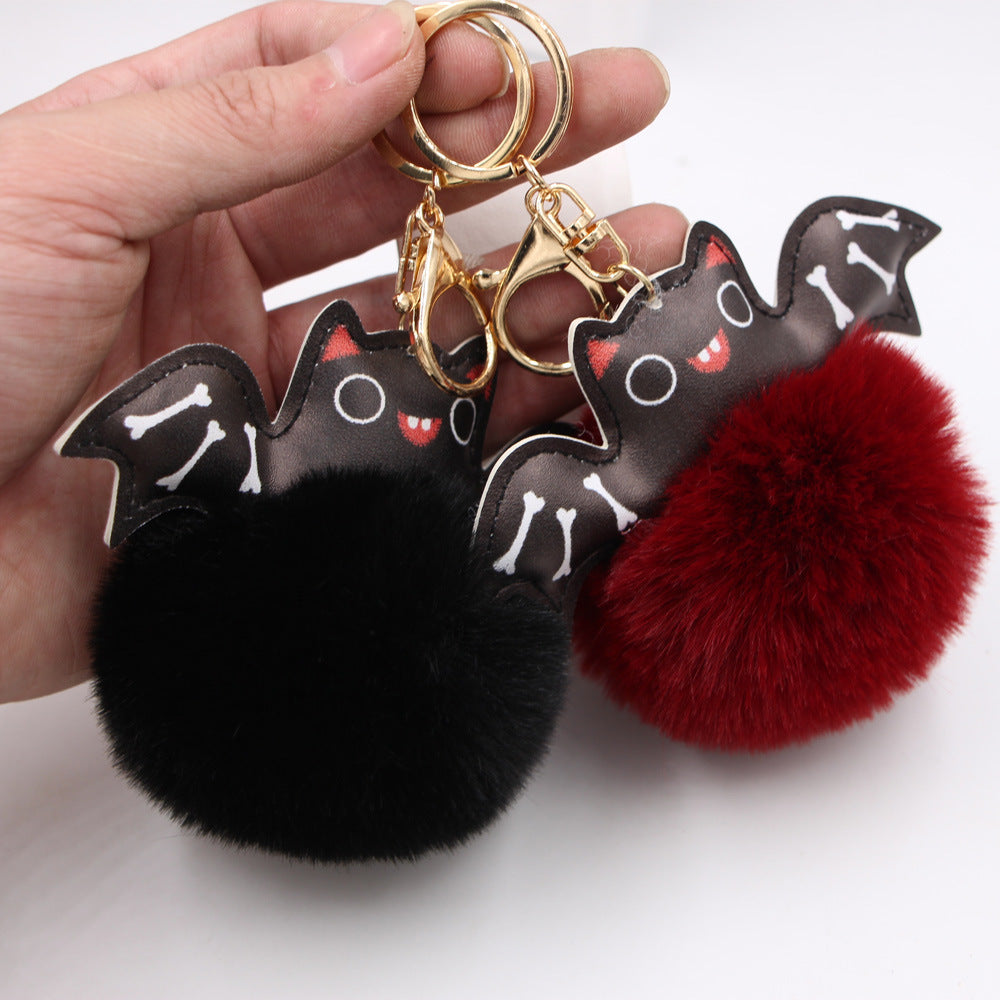 Wholesale Trendy  Bat PU Leather Bag Charm Keychain With Plush Pom Pom Gift For Bags And Car Keys