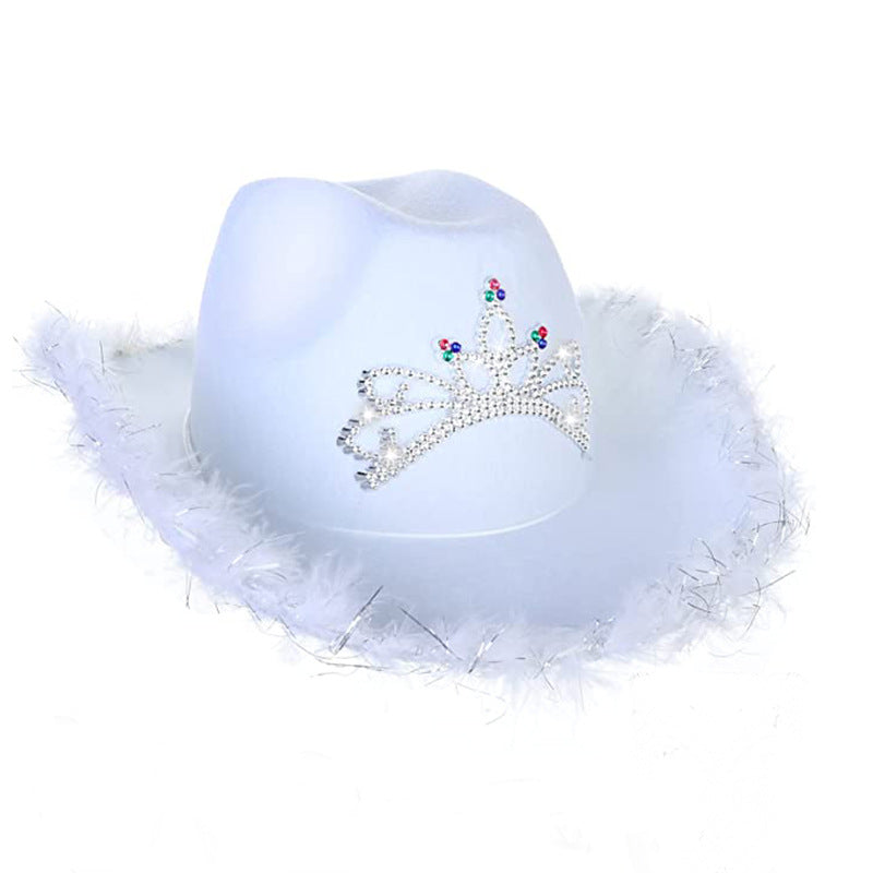 Wholesale Feather-trimmed lettering sequined pink crown cowboy hat