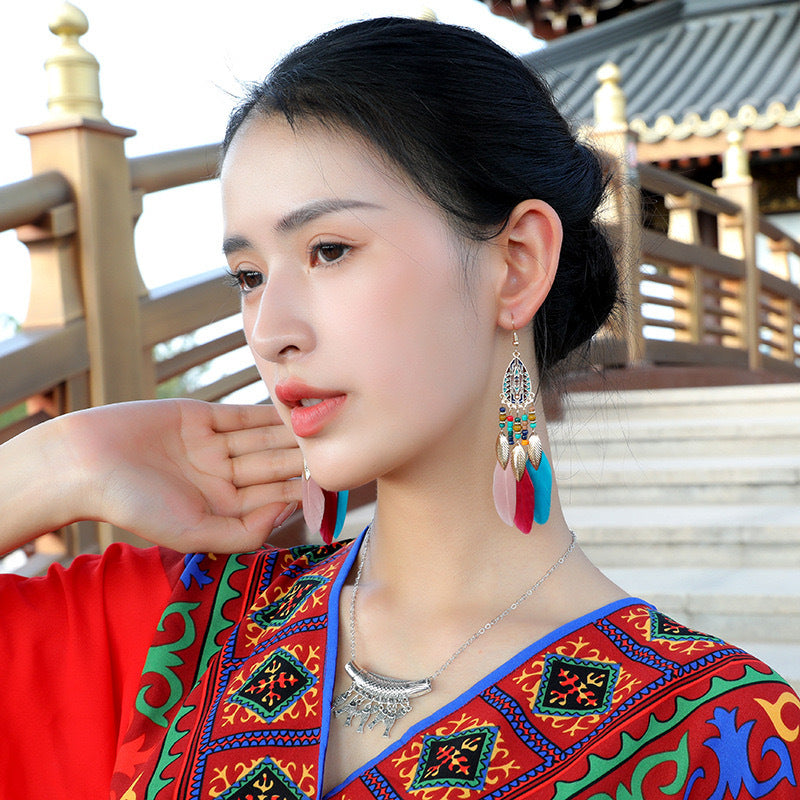 Wholesale Water Drop Tassel Feather Long Bohemian Rice Bead Earrings