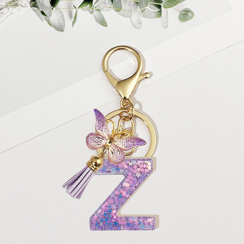 Wholesale Pink sequined butterfly 26 letter Sequin Keychain