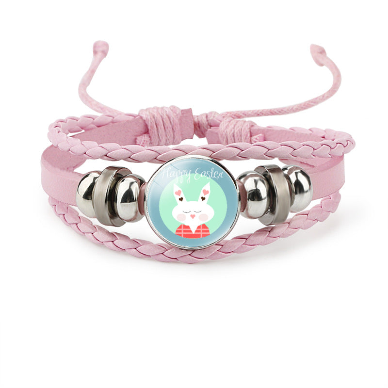 Wholesale Easter Rabbit Time Gemstone Pink Leather Multi Layer Woven Bracelet