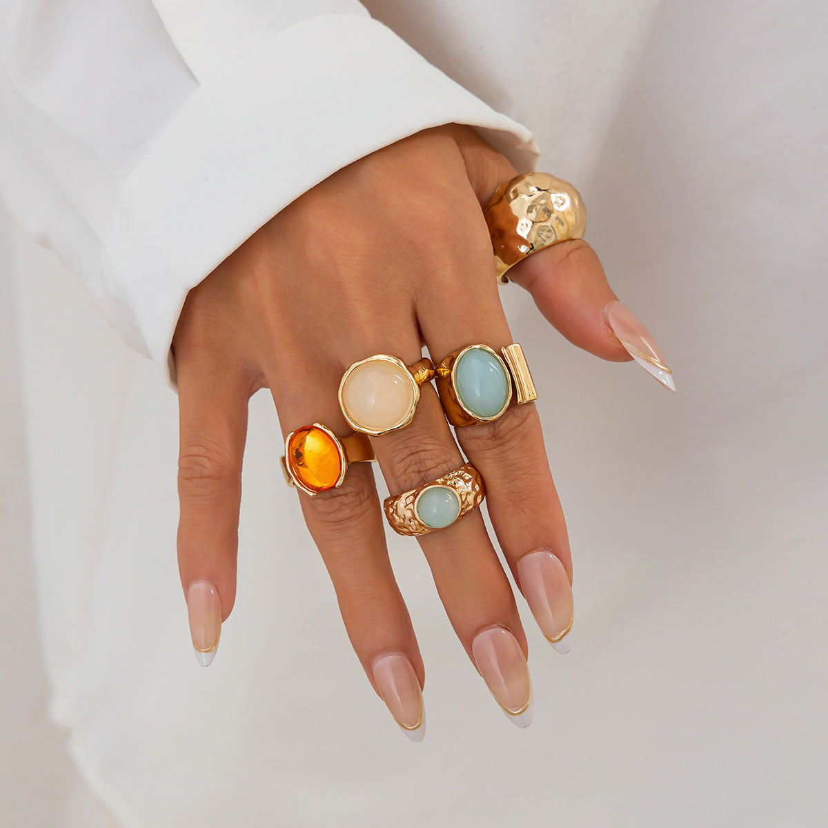 Wholesale Women' s retro mixed-match stacking gemstone open ring set
