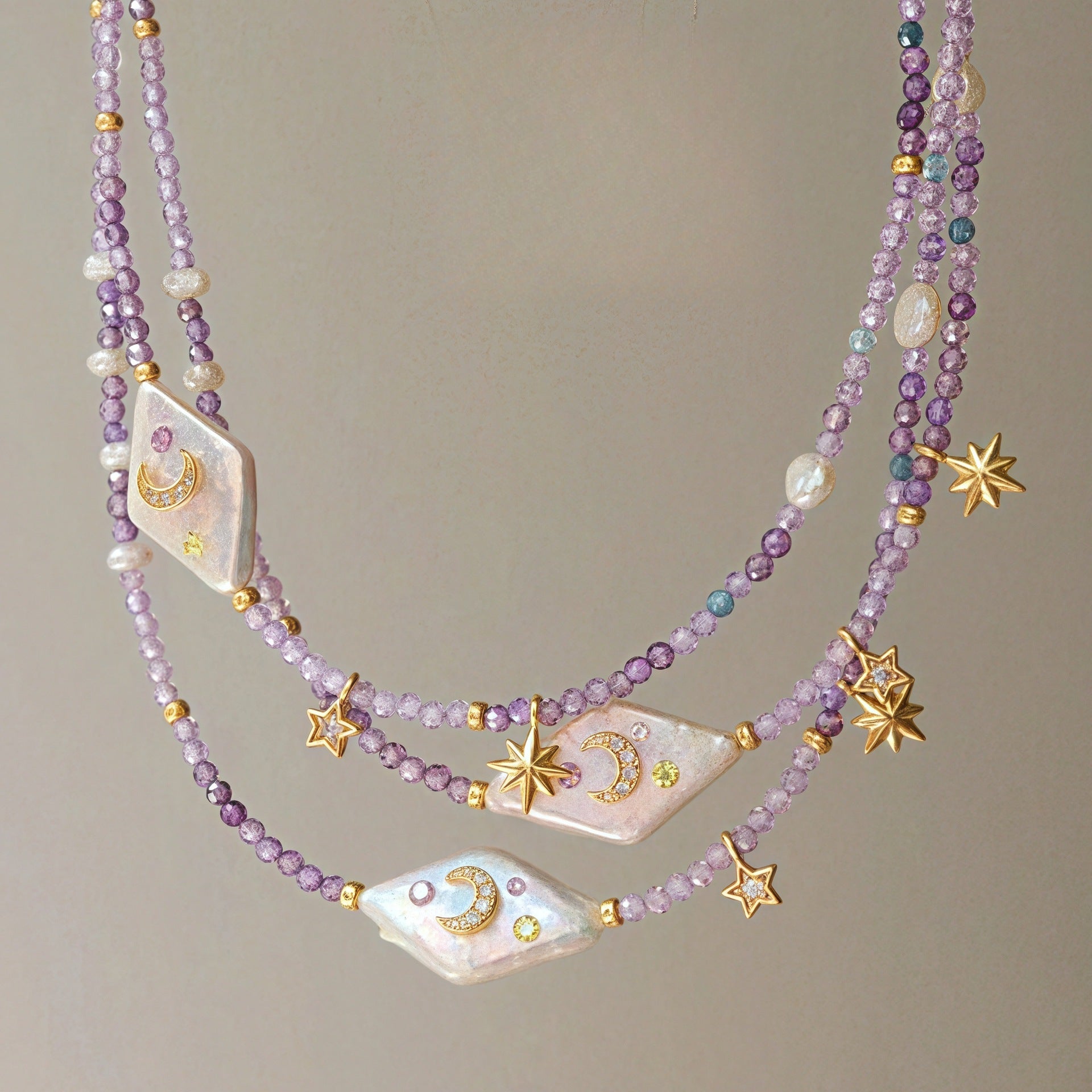 Wholesale Natural Moon Star Purple Beaded Zircon Necklace