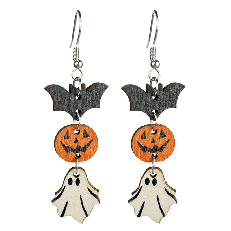 Wholesale 2 Pairs/pack Halloween Wooden Bohemian Ghost Pumpkin Skull Flower Stitching Earrings