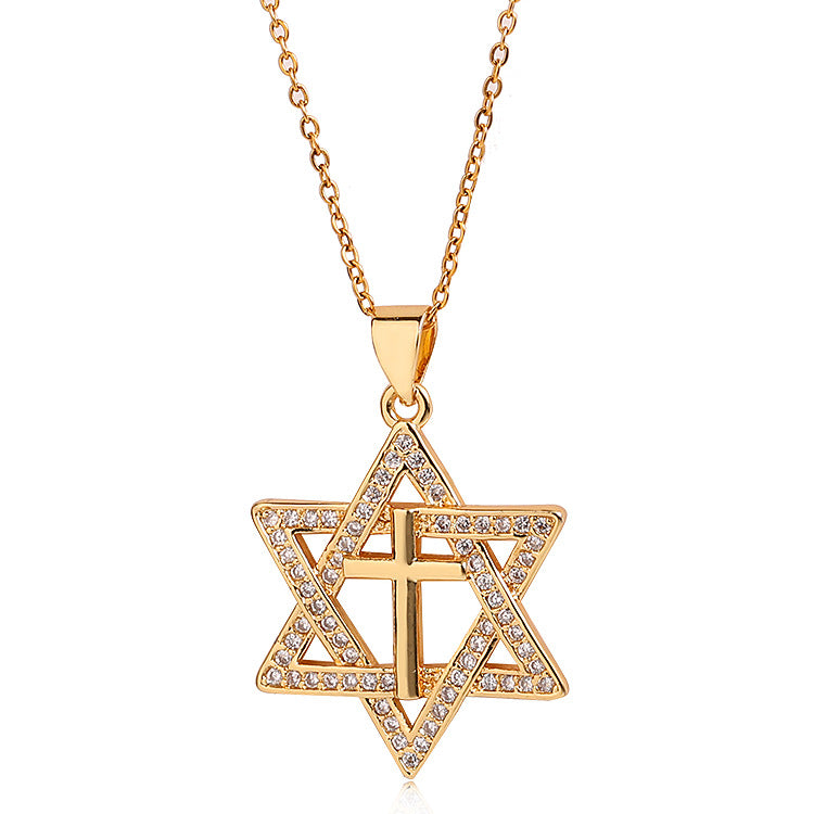 Wholesale Gold-plated micro-paved zircon star pendant cross necklace