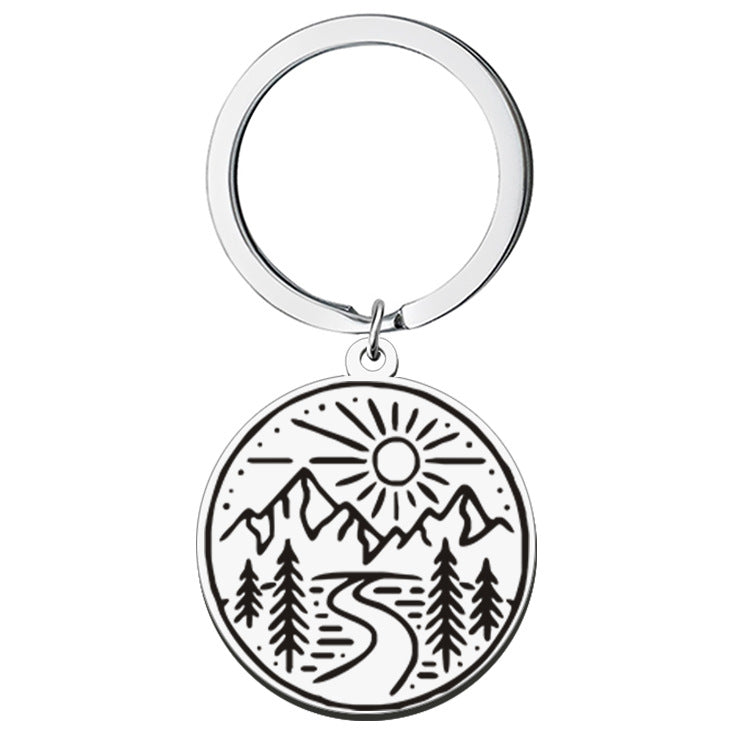 Wholesale Outdoor Travel Scenery Stainless Steel Round Plate Necklace Keychain