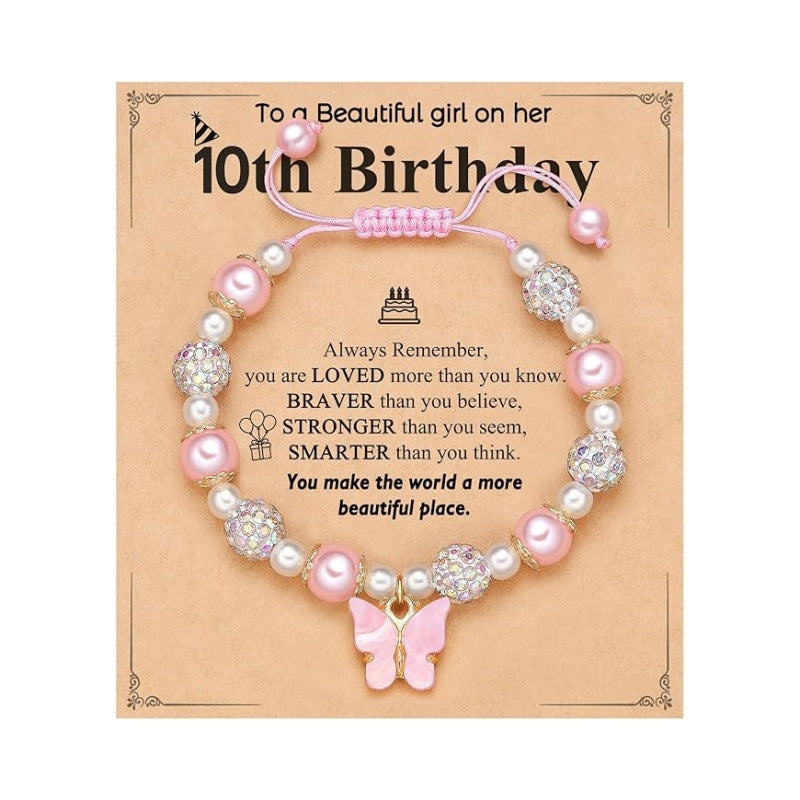 Wholesale Pink Pearl Bala Bead Butterfly Adjustable Weaving Bracelet