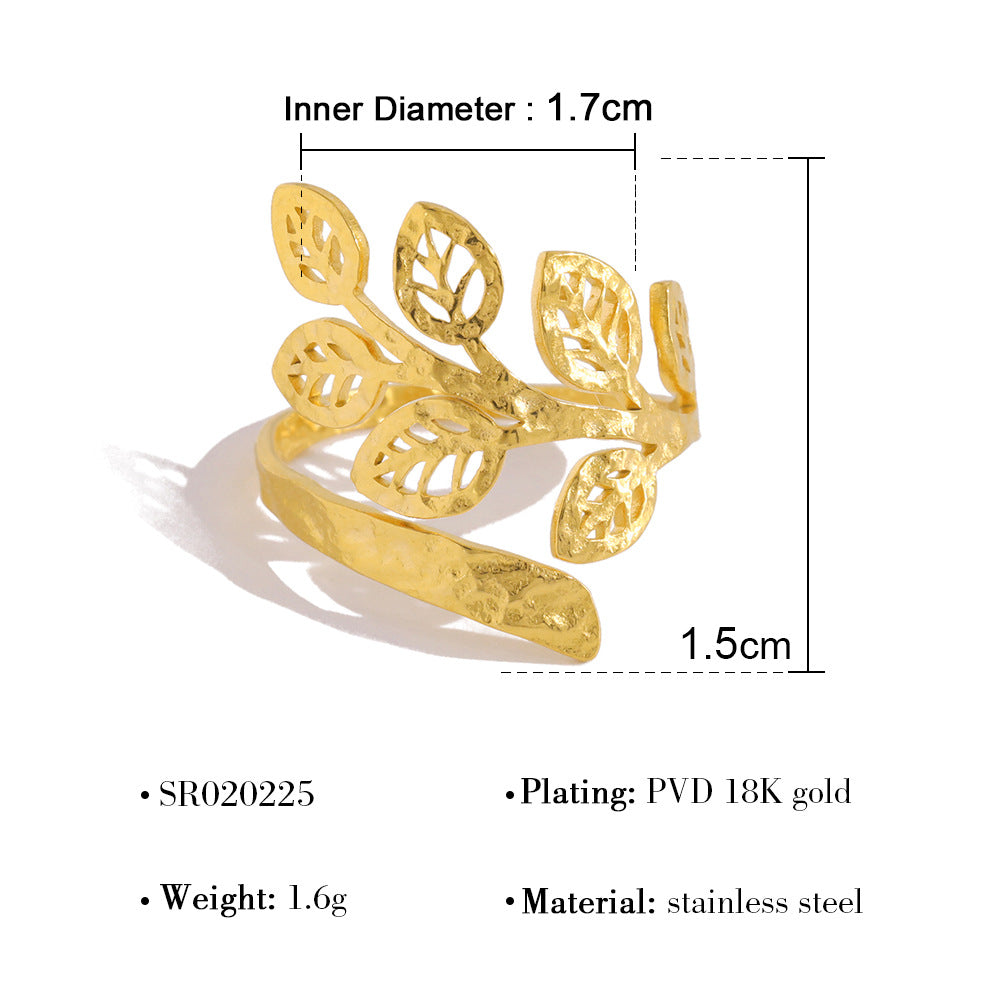 Wholesale rainbow zircon leaf ring women' s 18K gold titanium steel open ring