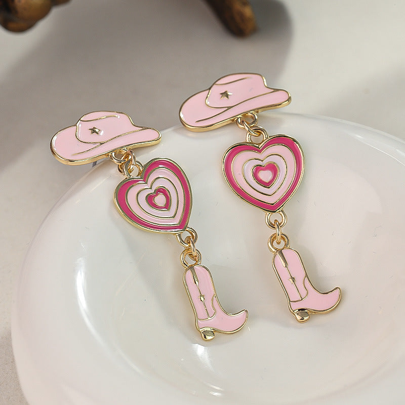 Wholesale Silver Needle Western Cowboy Style Hat Heart Cowboy Boots Oil Drop Earrings